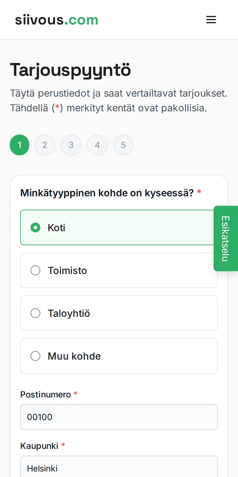 Tarjouspyyntölomakkeen ensimmäinen vaihe puhelimessa: kohdetyypiksi on valittu Koti ja postinumeroksi 00100.