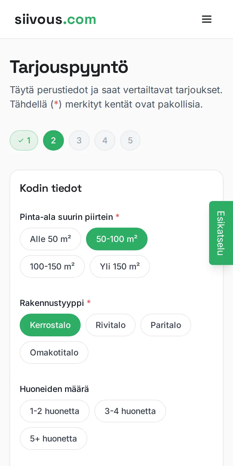 Lomakkeen toinen vaihe: kodin pinta-alaksi on valittu 50–100 m² ja rakennustyypiksi kerrostalo valmiista vaihtoehdoista.